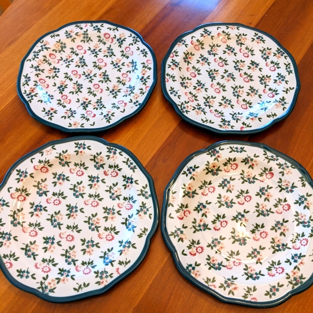 Floral Print Scallop Wavy Green Rim Salad Plates Dessert Ceramic Cottagecore - Picture 5 of 9